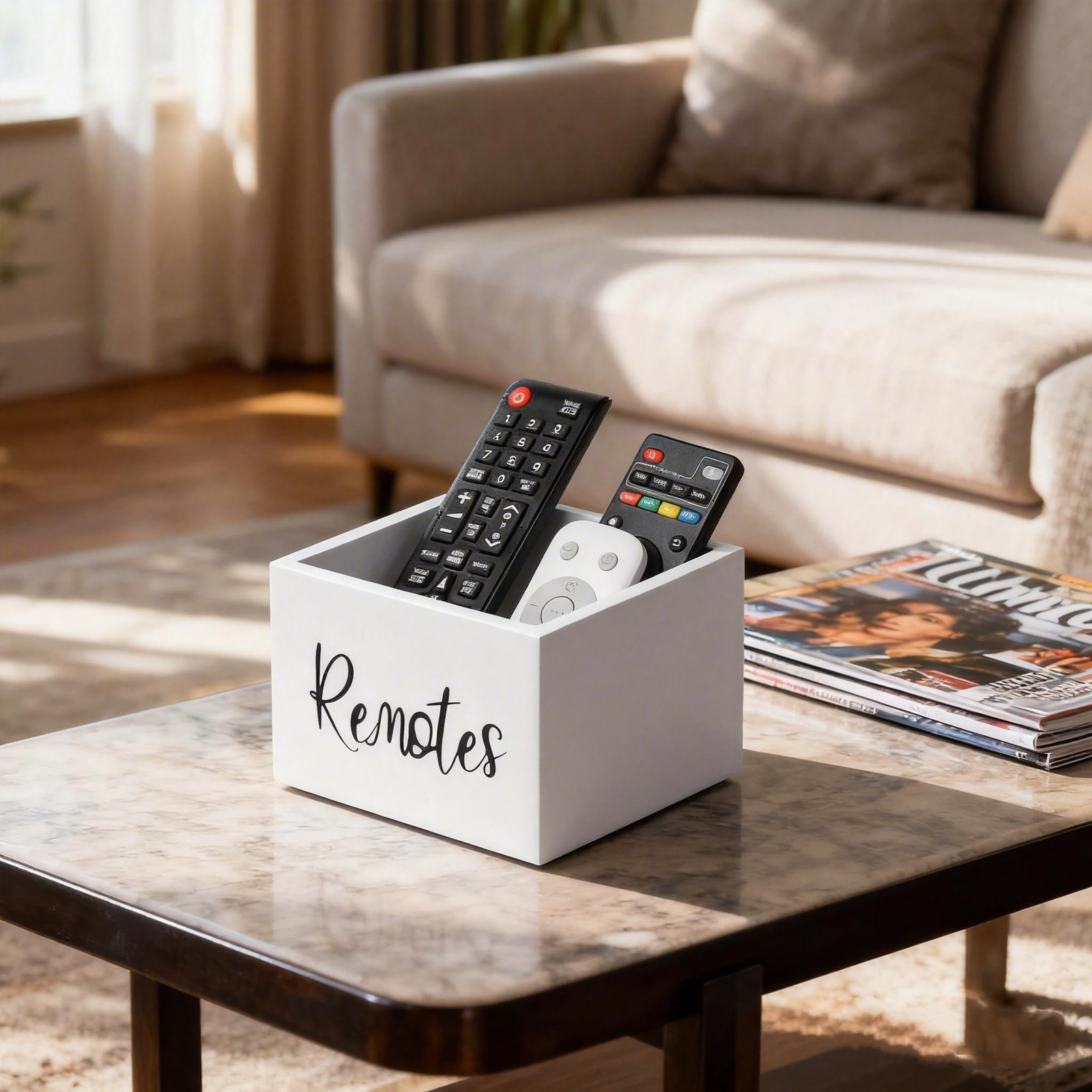 Size M Wooden TV Remote Control Holder Desktop Storage Box Organizer White