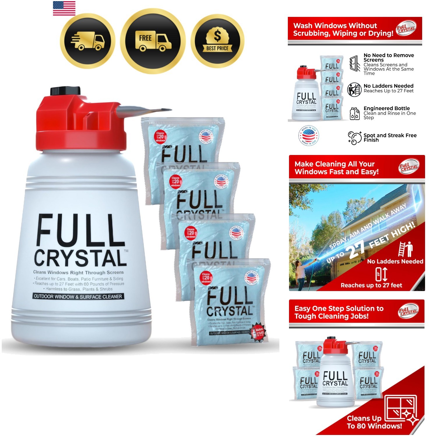 Window Cleaning Kit – 6 oz Glass Cleaner and Bottle with 27 ft , Each 4 oz Ba…