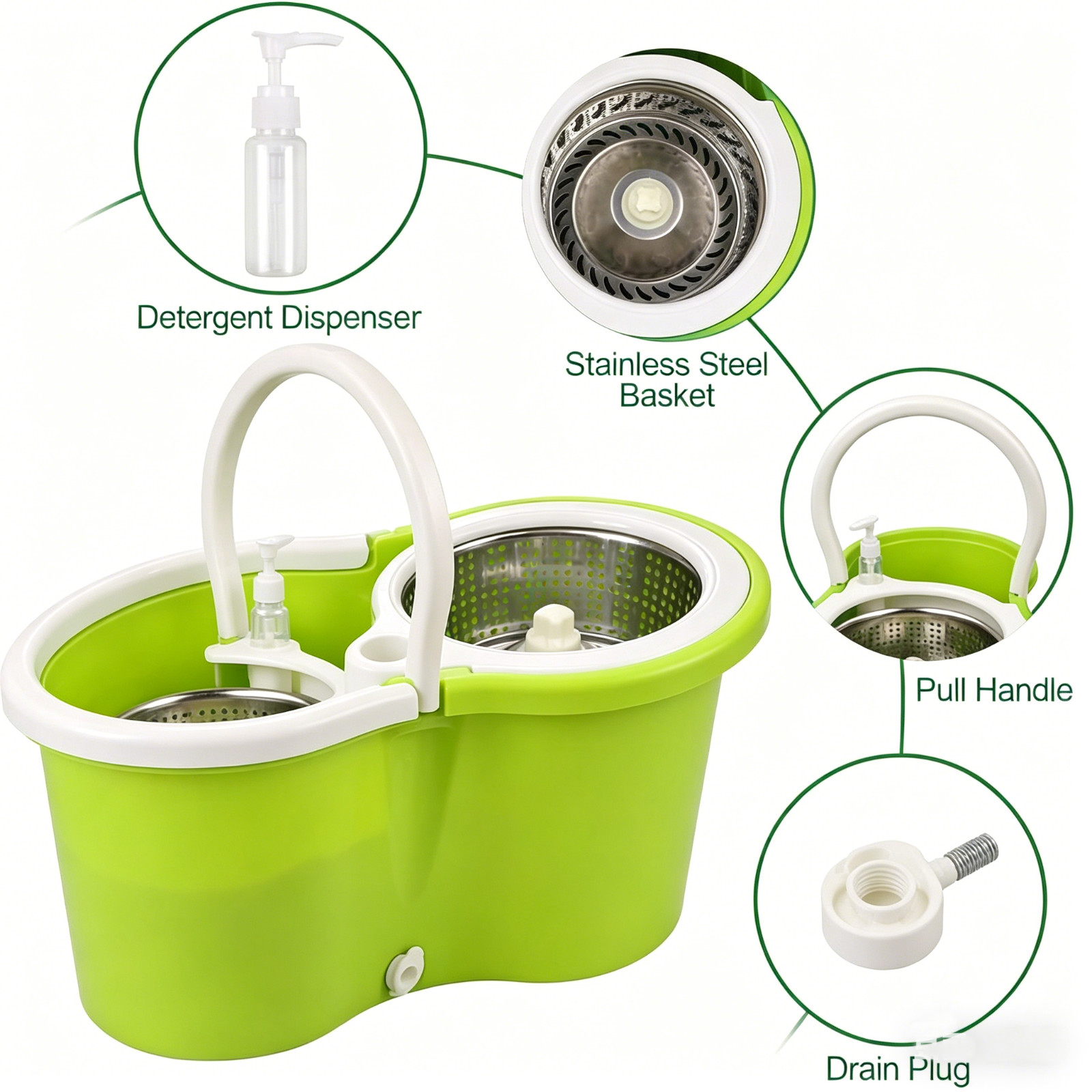 360° Spin Mop & Bucket Set w/ 3 Microfiber Heads, Stainless Steel Wringer