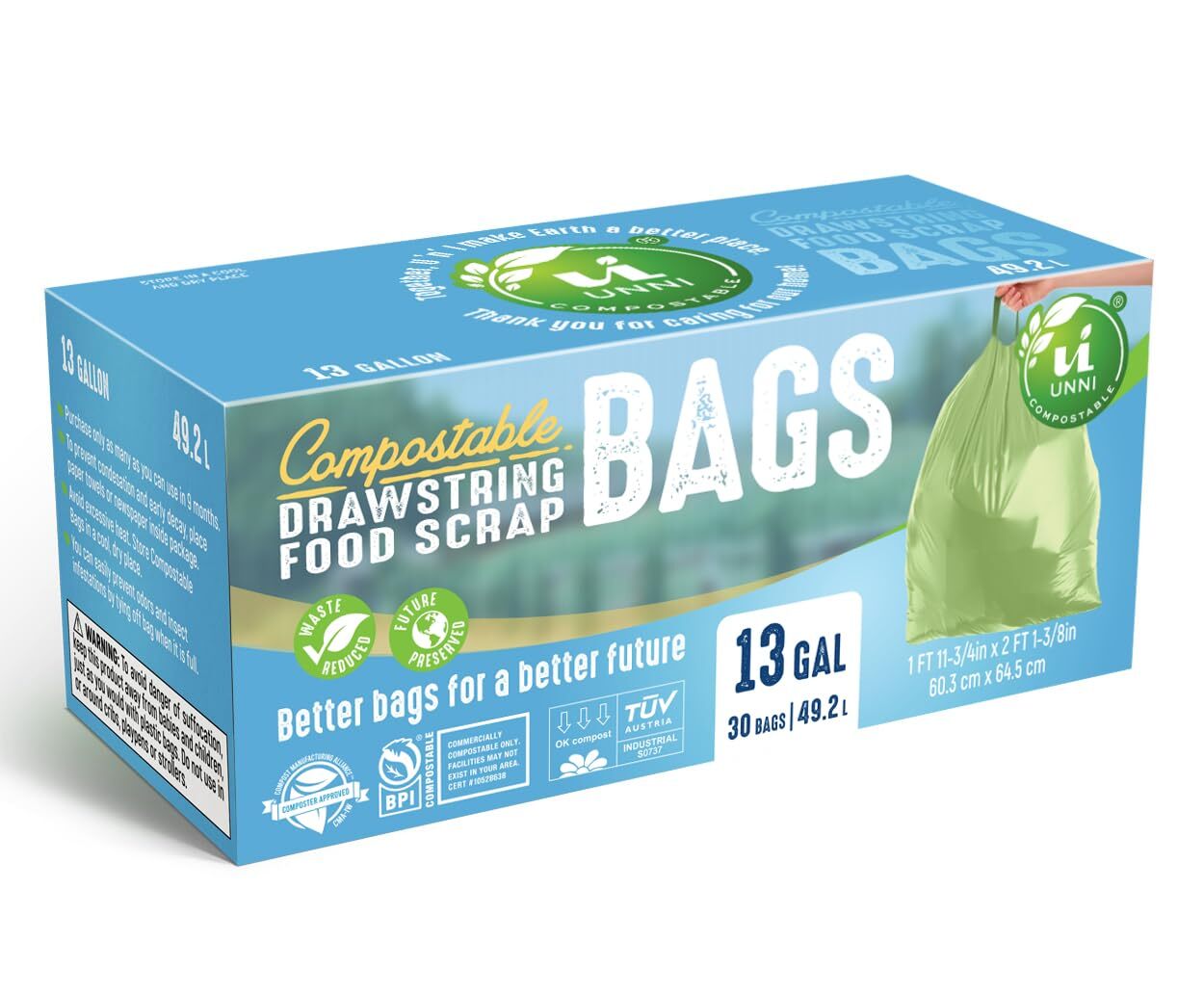 Compostable Tall Kitchen Drawstring Trash Bags 13 Gallon 49.2 Liter 30 Count Hea