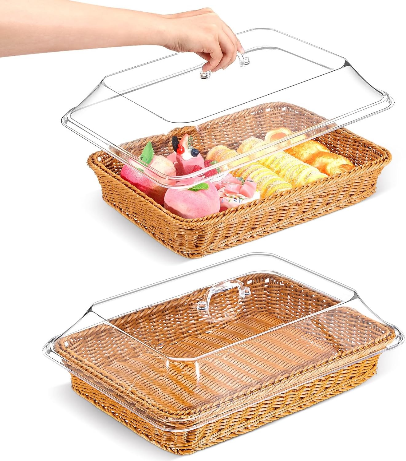 2 Pack Wicker Large Bread Basket with Acrylic Lid Housewarming Woven