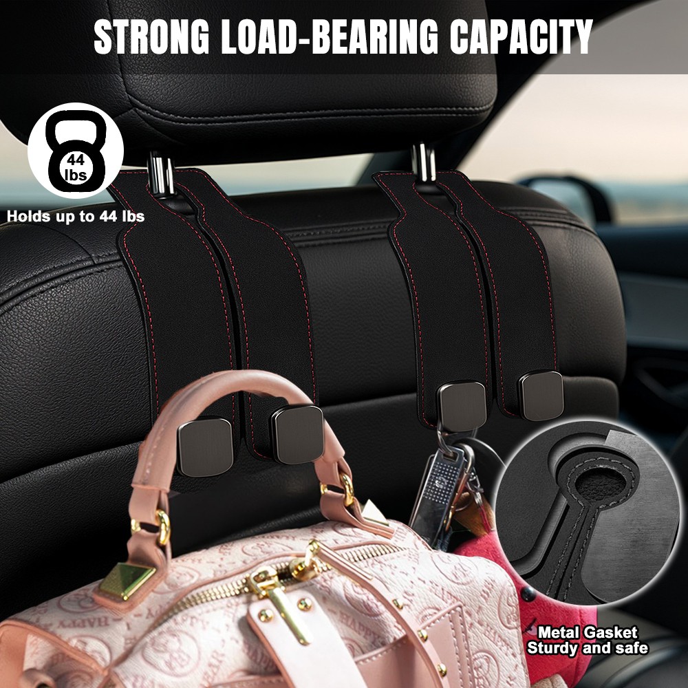 2x Car Headrest Double Hook Leather Seat Back Hanger Holder for Purses Bag Black