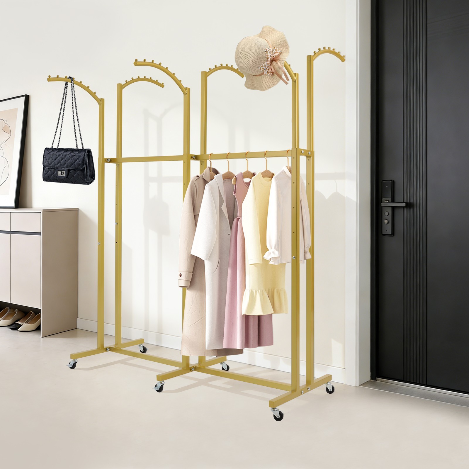 Gold 6 Arms Clothing Display Rack With Wheels, 55.12-70.87in Adjustable Height