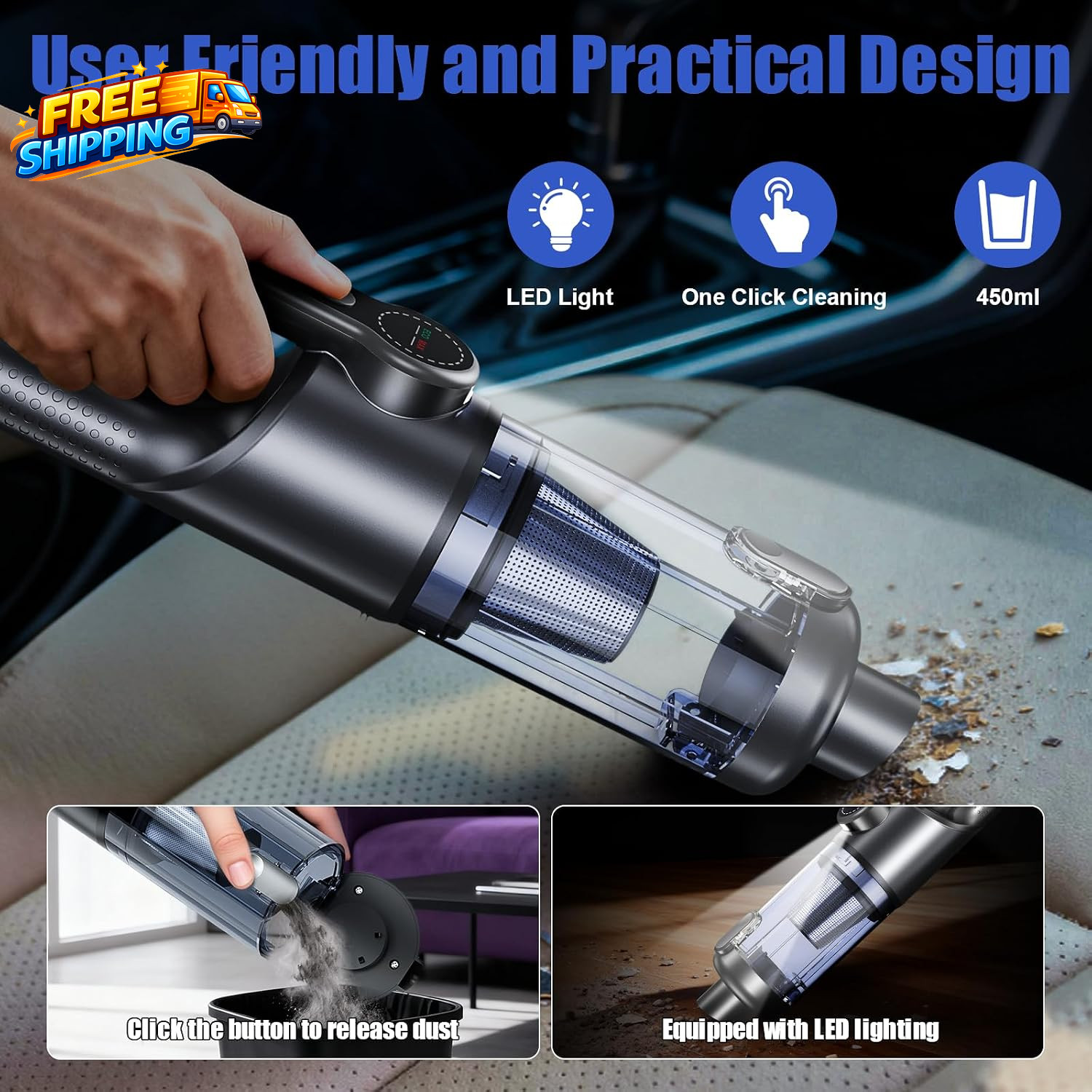 Car Vacuum Portable Cordless19000 Pa 4 in 1 Handheld Vacuum Motor with LED Light