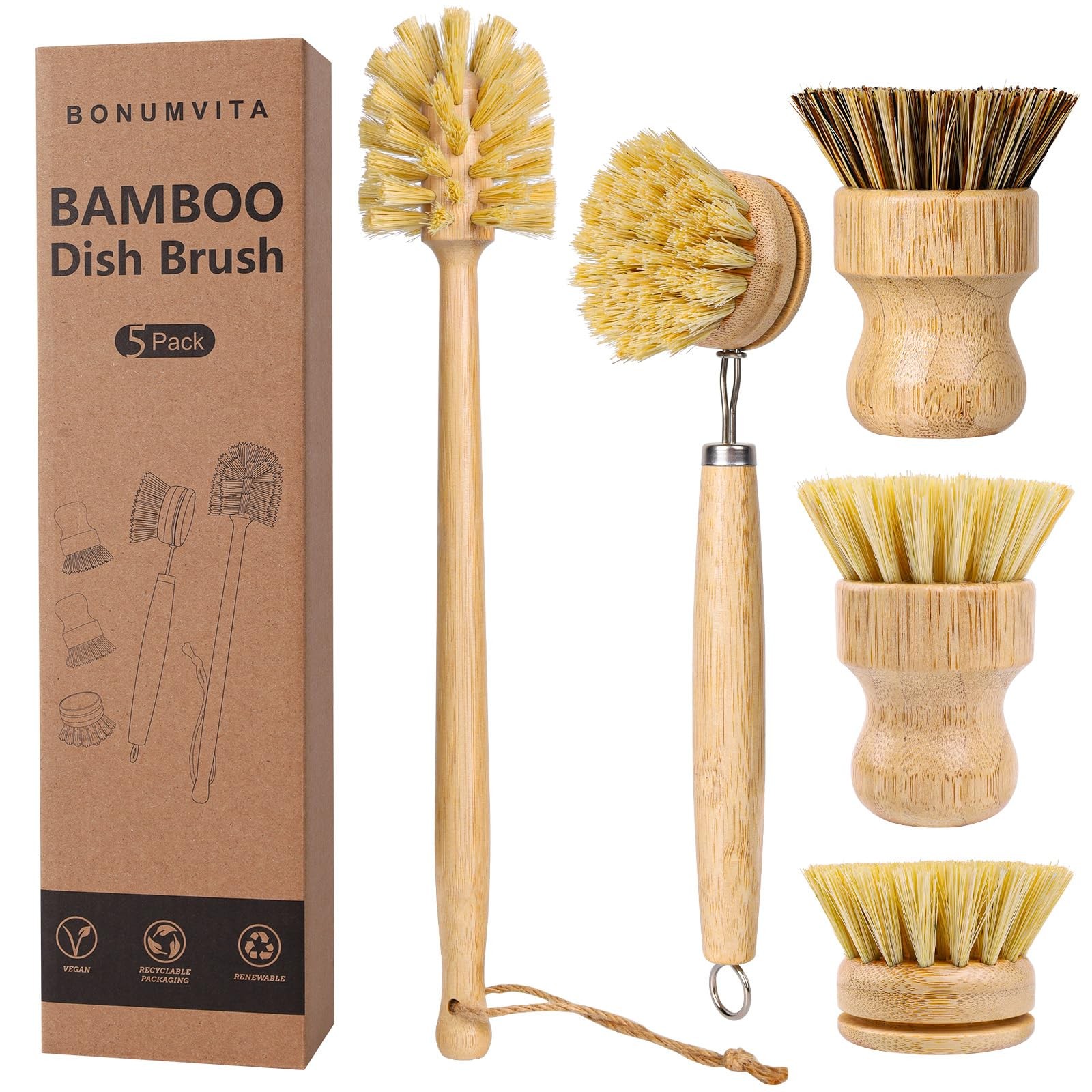 5 Pack Dish Brush Set, Wooden Dish Brush with 14’’ Bottle Brush, Natural Kitc…