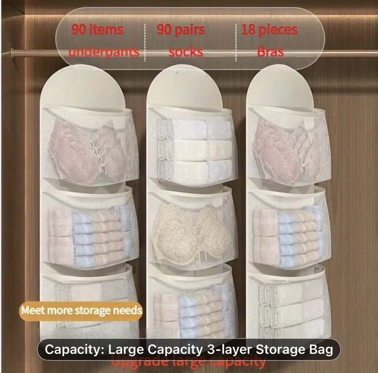 Single piece Triple-Layer Hanging Underwear , Socks , and Bra Mesh Storage Bag.