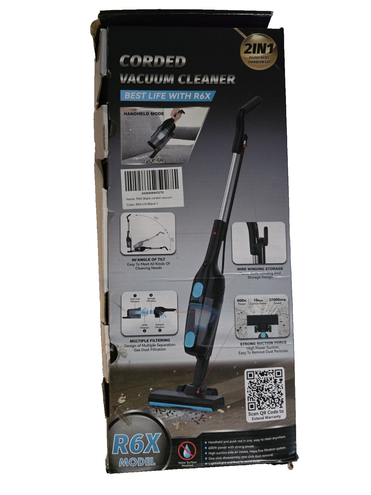 R6X 2in1 Corded Stick Vacuum 600W Black Handheld Bagless lightweight