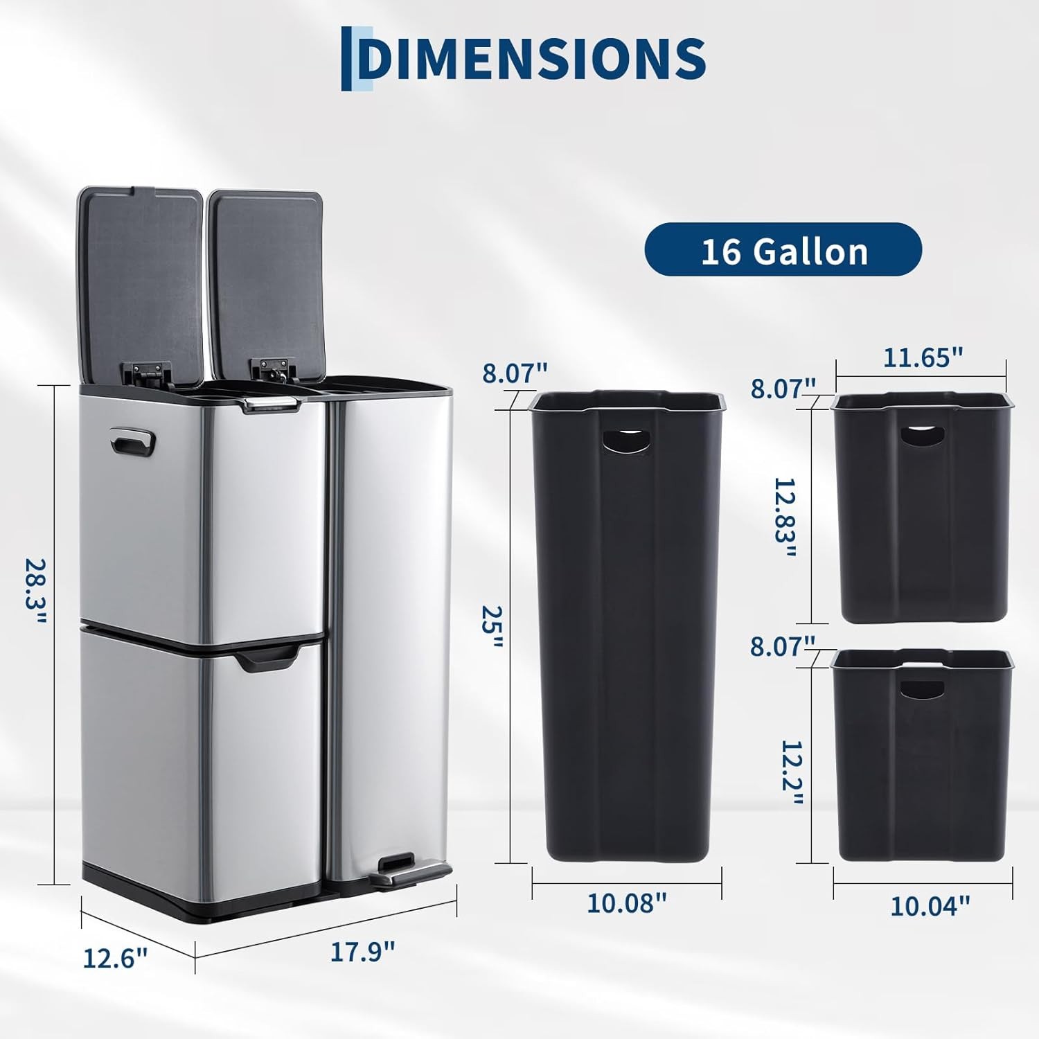 16 Gal Kitchen Trash Can with Lid Triple Compartment Stainless Steel Garbage Can