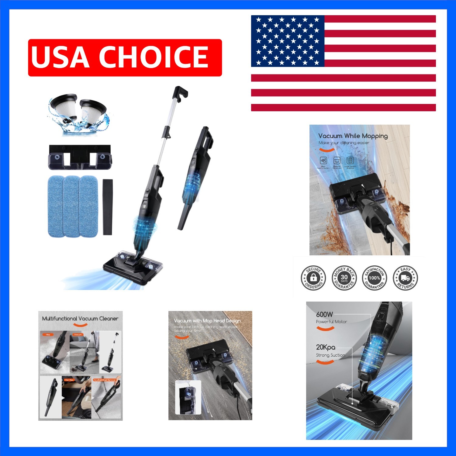 Stick Vacuum Cleaner with 3 Mop Pads Electirc Mop 600W 18kpa Powerful Suction…