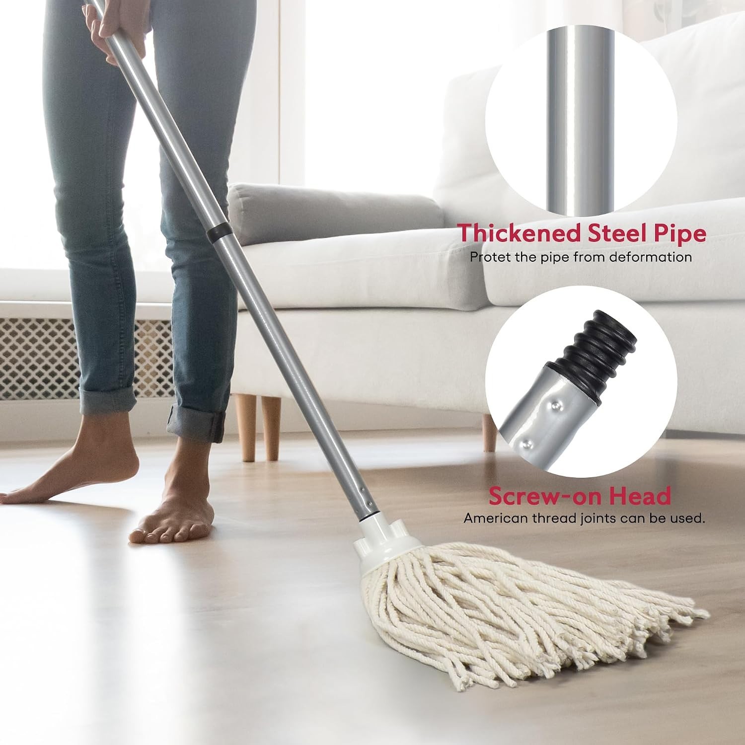 Matthew Cotton Mop with 54″ Stainless Steel Handle – Perfect for All Hard Floors