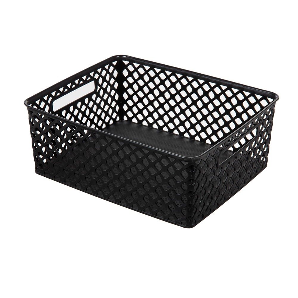 Medium Black Decorative Plastic Storage Basket, 14 in x 11.5 in x 5.3 in