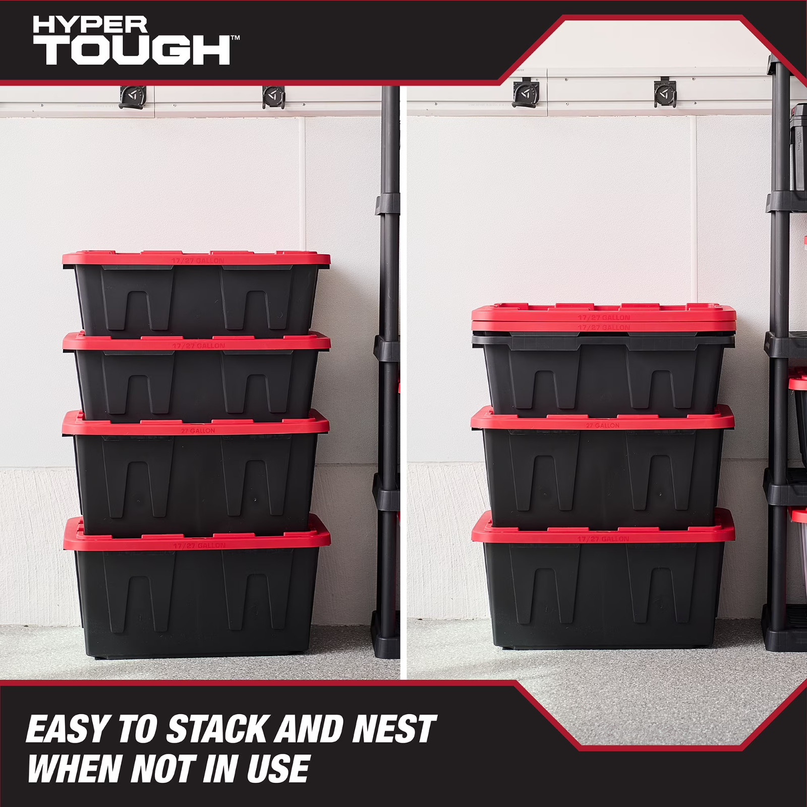 Hyper Tough 17 Gallon Medium Storage Bin with Snap Lid Black and Red Heavy Duty