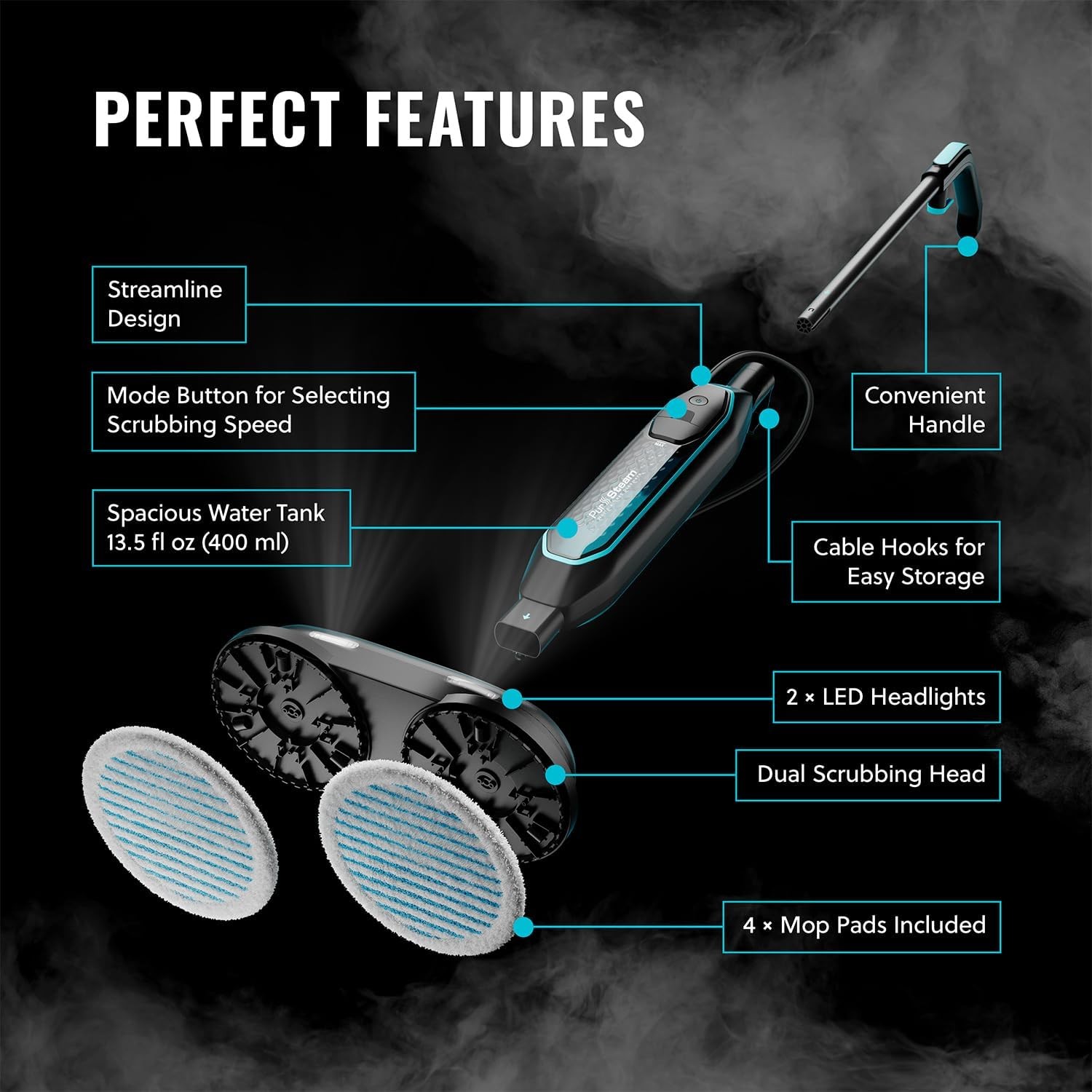 Pursteam ScrubMaster Steam Mop with Dual Scrubbing Head, LED Headlights