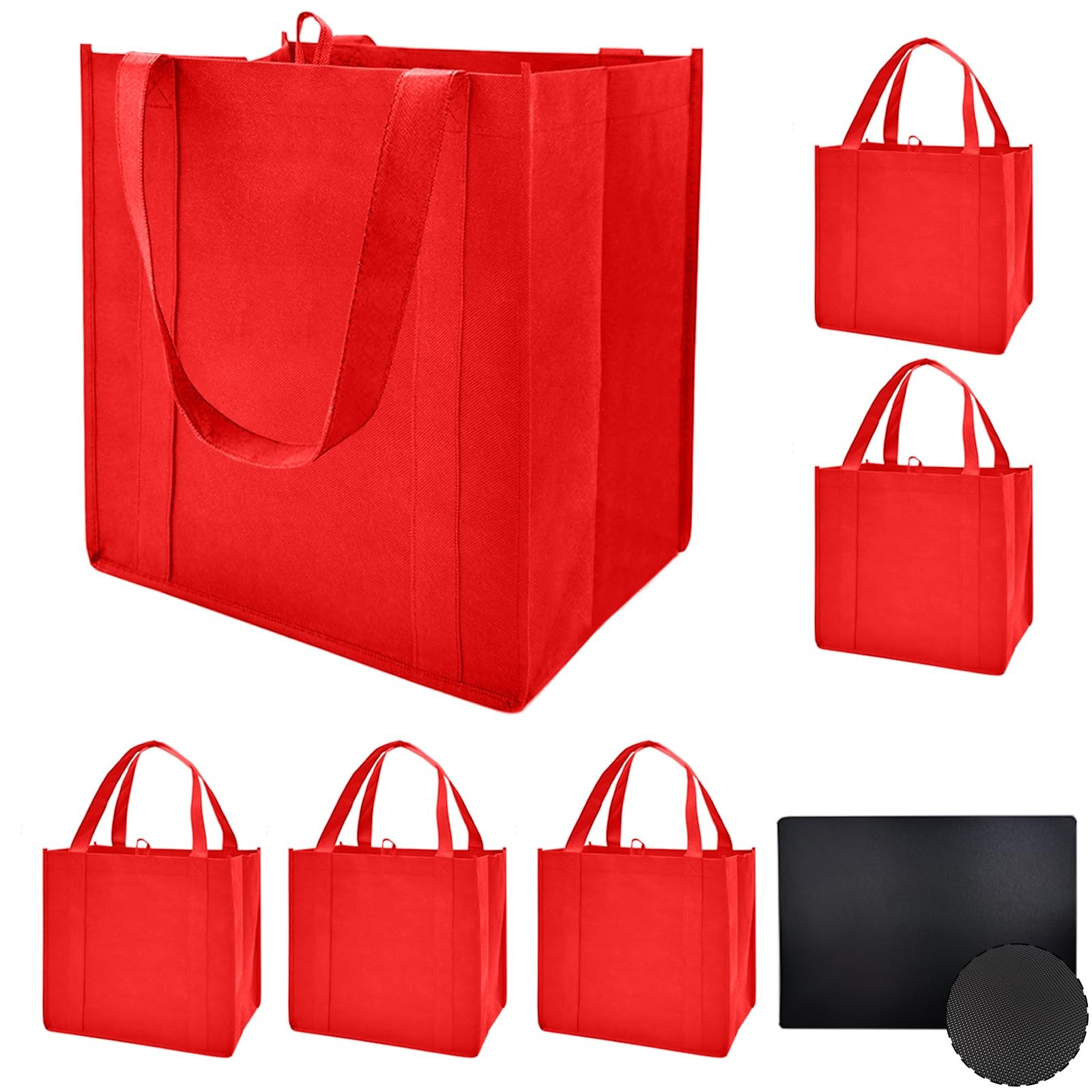 6 PCS Reusable Grocery Bags Heavy Duty Plastic Bottom Red Holds 40 Lbs