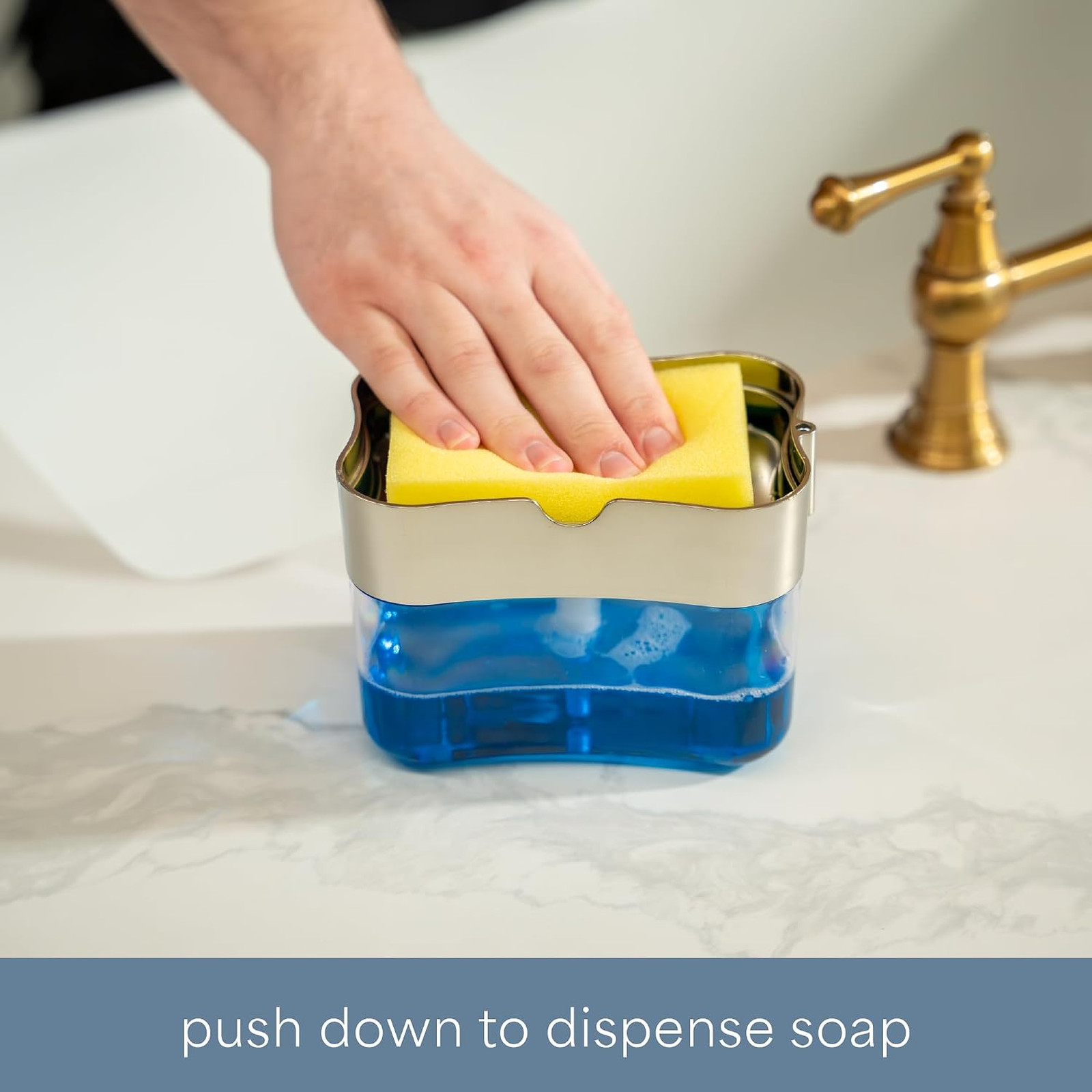 Dish Soap Dispenser and Sponge Holder, Metallic Silver | Holds 13 Fluid Ounces