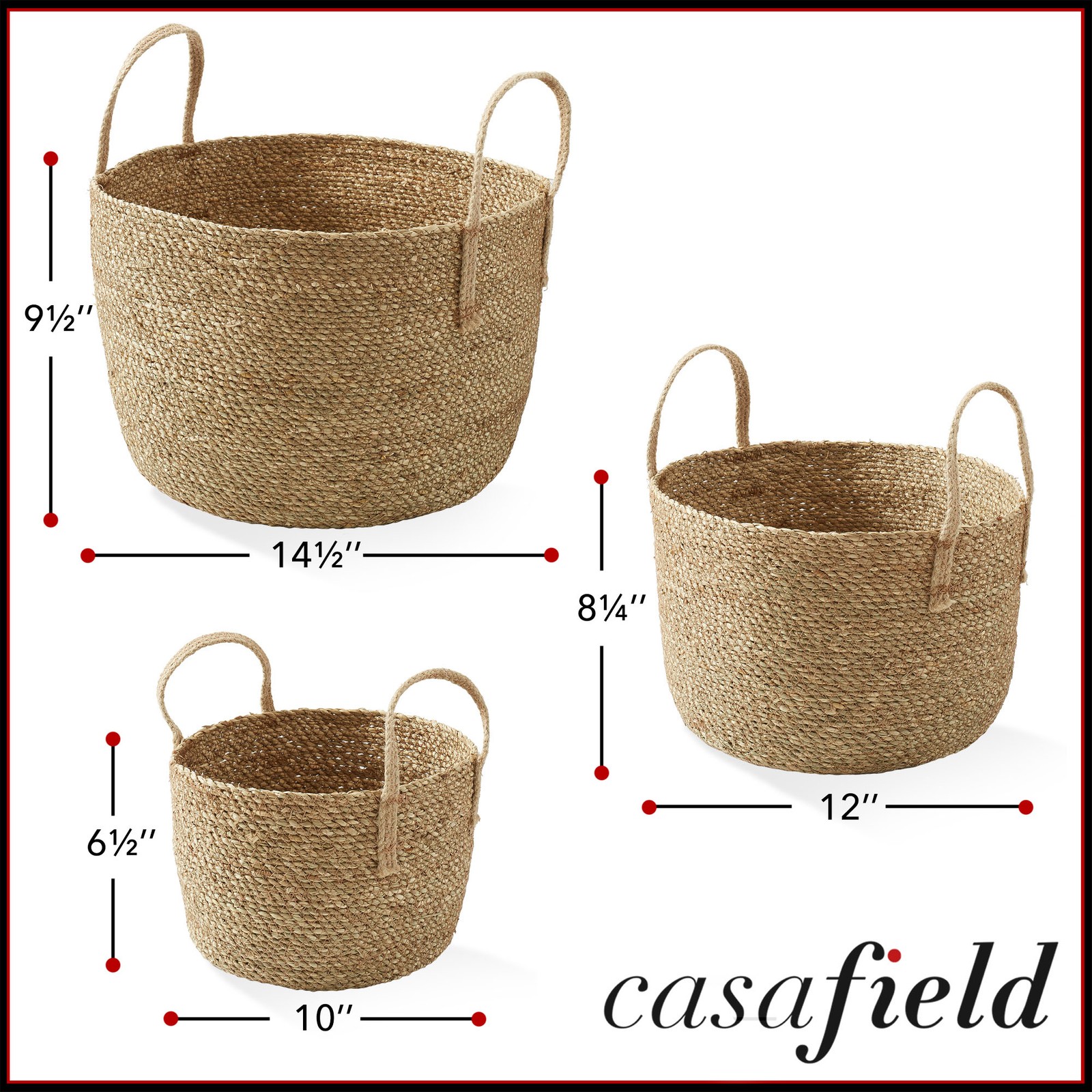 3pc Seagrass Basket Planters w Jute Handles, Boho Woven Storage Bin Plant Covers