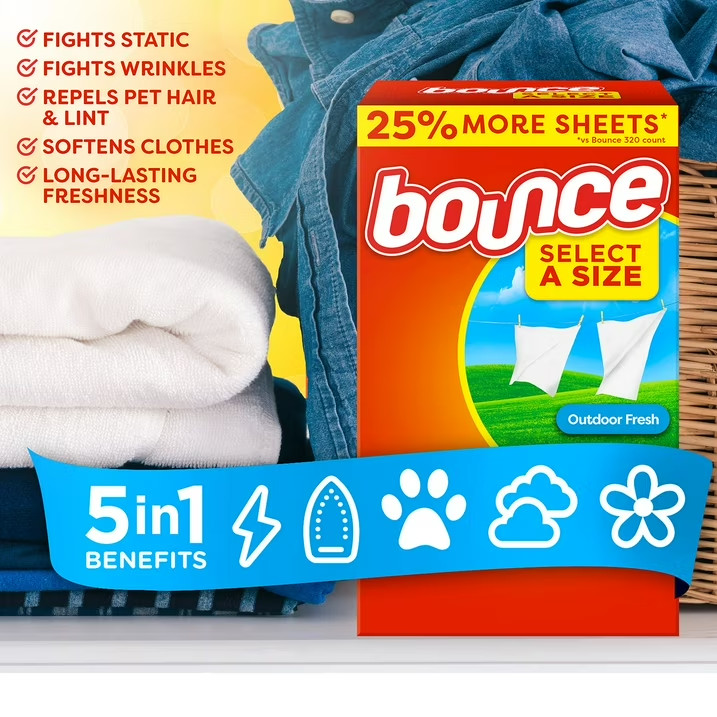 Bounce Select a Size Fabric Softener Dryer Sheets, Outdoor Fresh, 400 count.