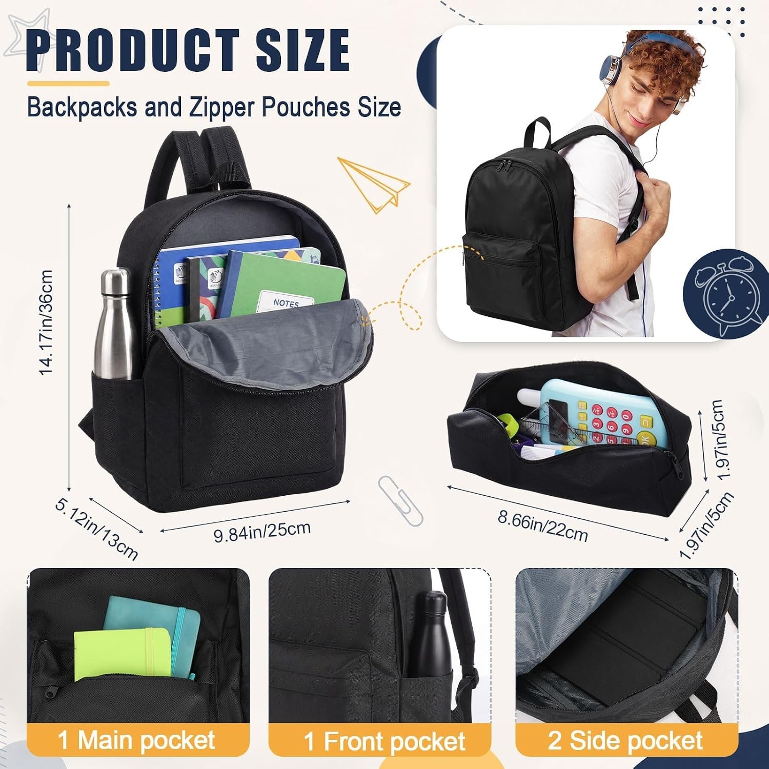 Bulk 80 Pcs Black Oxford Backpacks & Zipper Pouches for Travel & Daily Use