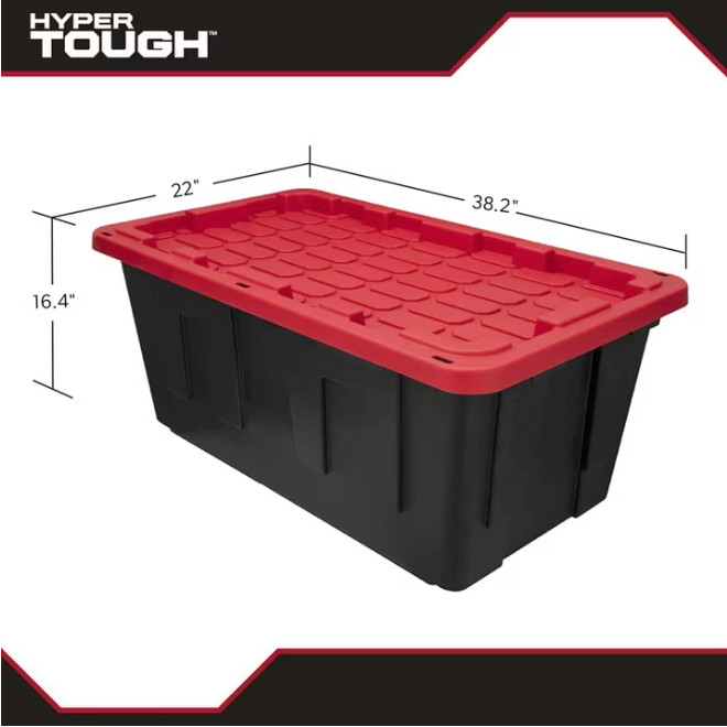 New 2 Pack Hyper Tough 40 Gallon Heavy Duty Storage Bin with Snap Lid Black Red