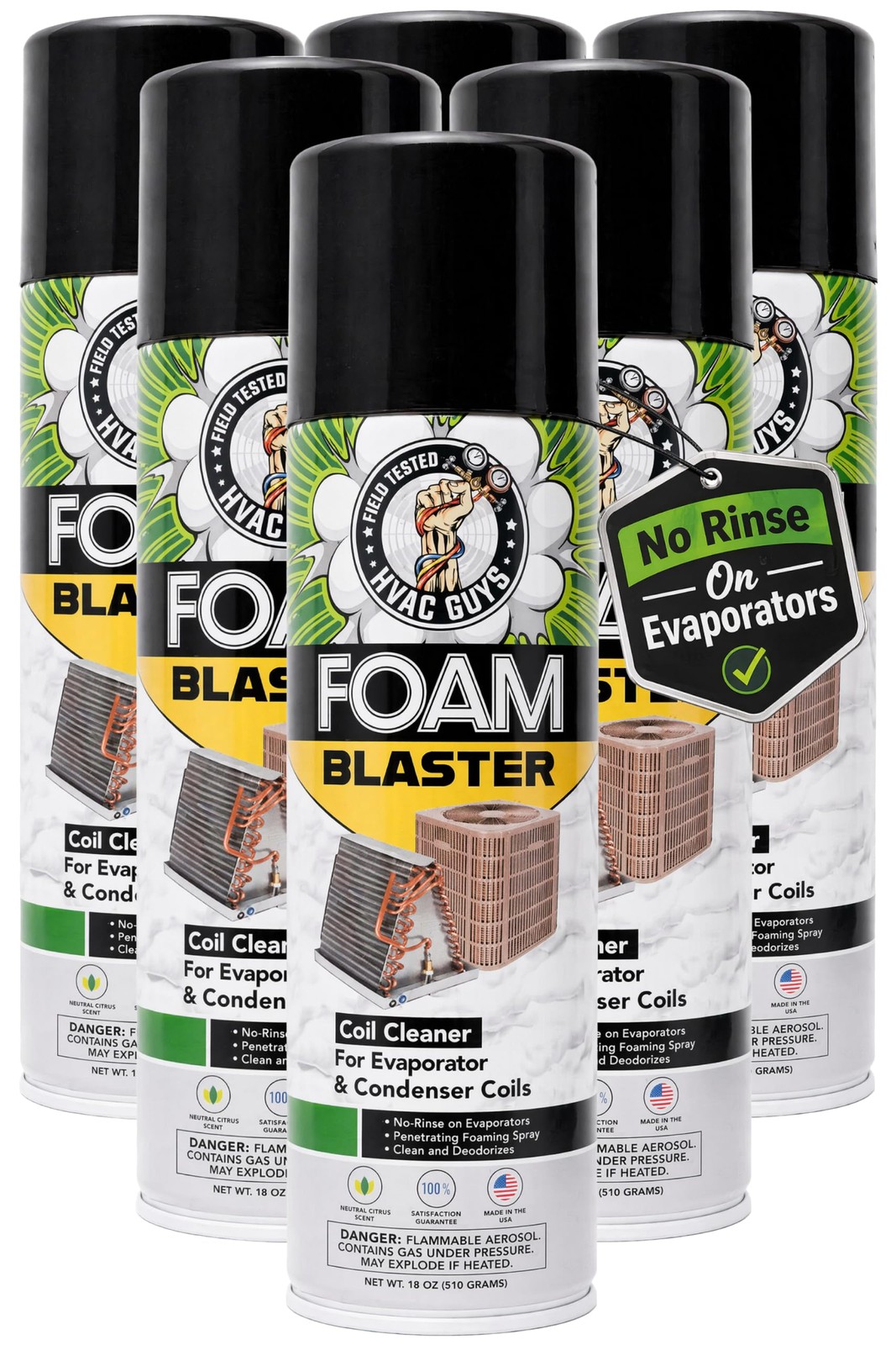 6 Pack AC Coil Cleaner Foam Spray HVAC Evaporator Condenser No Rinse Cleaner Kit