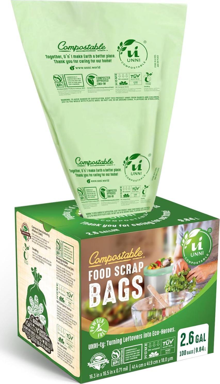UNNI Compostable Liner Bags, 2.6 Gallon, 9.84 Liter, 100 Count, Extra Thick 0.71