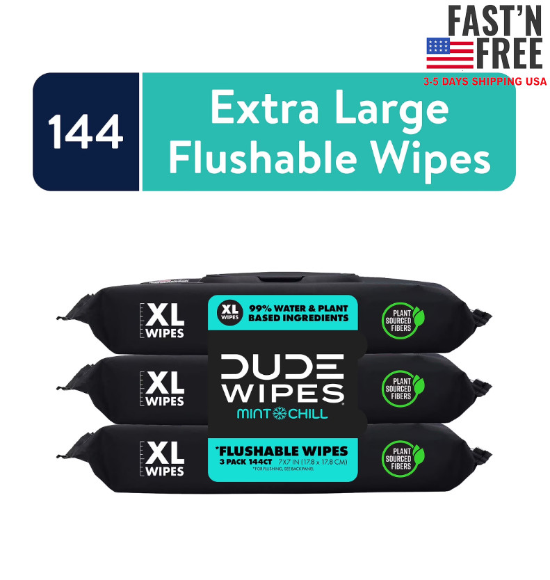 DUDE Flushable Wipes, Extra Large Mint Chill Wet Wipes, 48 Count, 3 Pack (144)