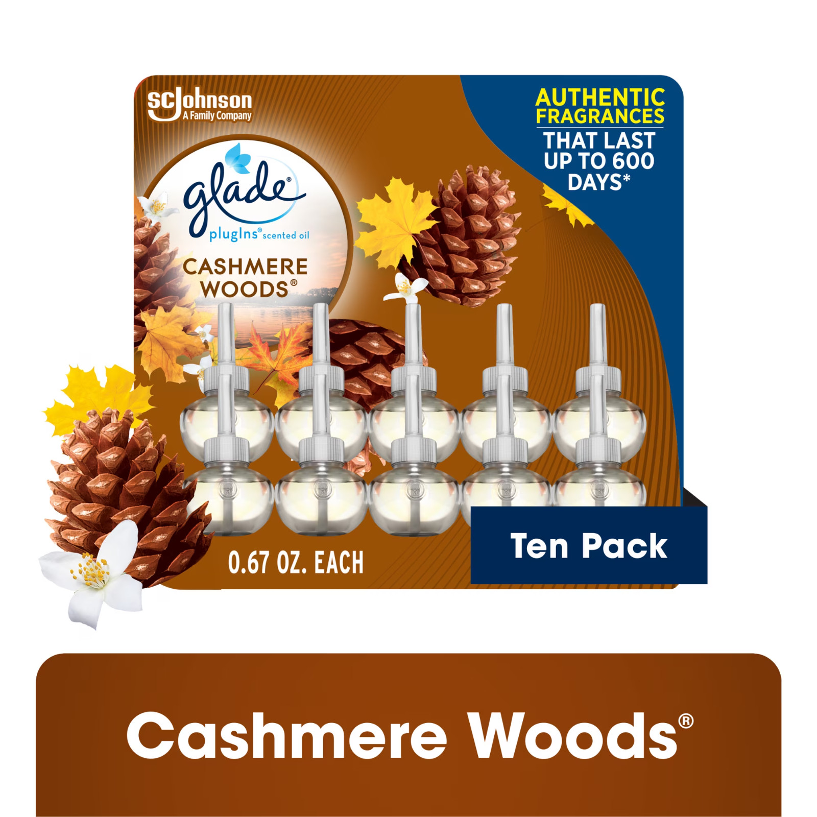 Glade PlugIns Scented Oil 10 Refills, Air Freshener, Cashmere Woods, 10 x 0.67 o
