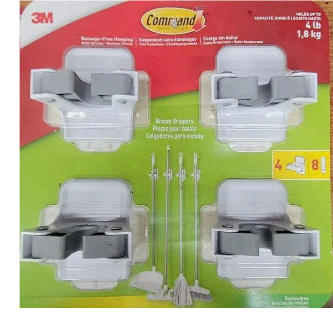 3M Command Adhesive Wall Mounted White Gray Broom Mop Grippers 4 Pk New