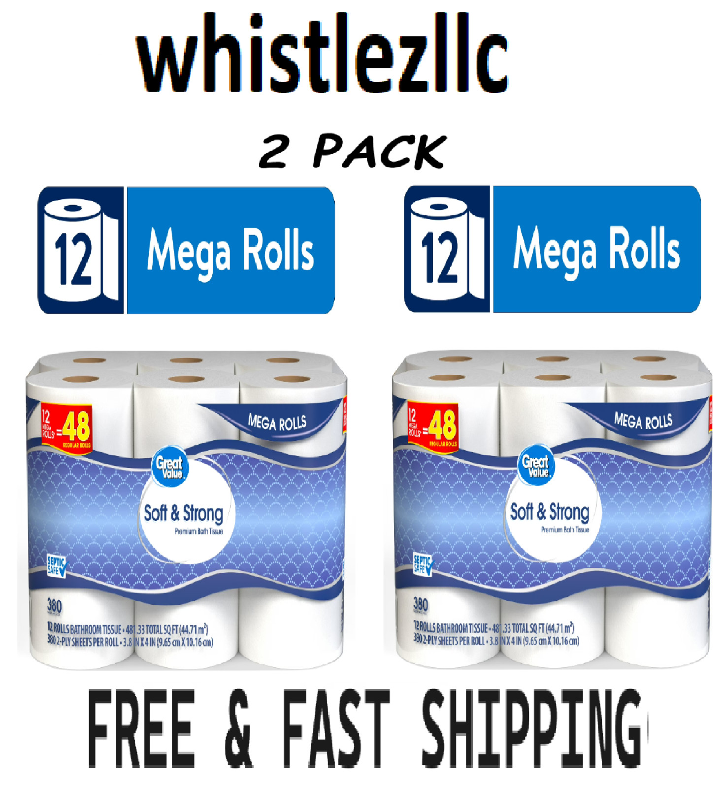 Great Value Premium Soft & Strong Toilet Paper 12 Mega Rolls each– 2 Pack