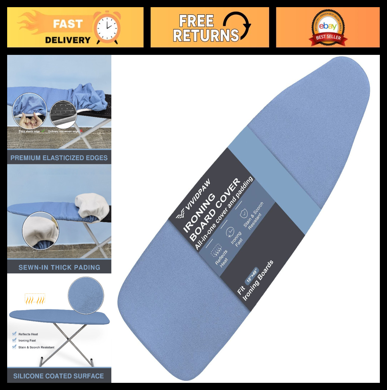 Extra Wide Ironing Board Cover & Pad 18×49 | Thick Padding, Scorch Resistant, Ea