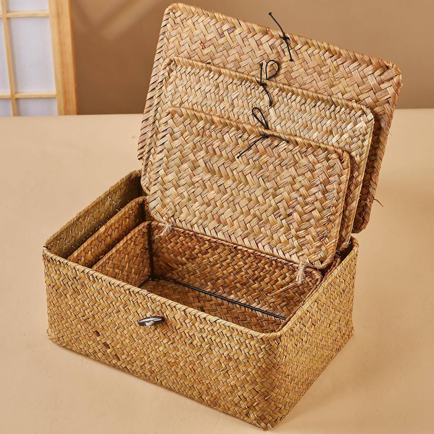 Natural Seagrass Storage Basket Set 3-Piece with Lids Handwoven Boxes