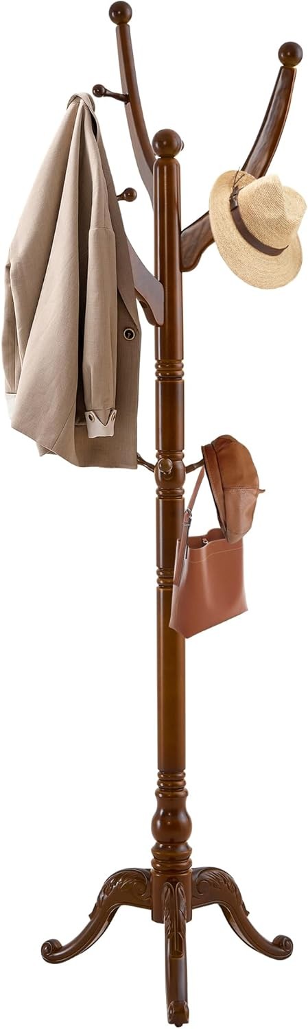 Wooden Coat Rack Freestanding Solid Wood Coat Rack Stand W/ 14 Hooks Vintage