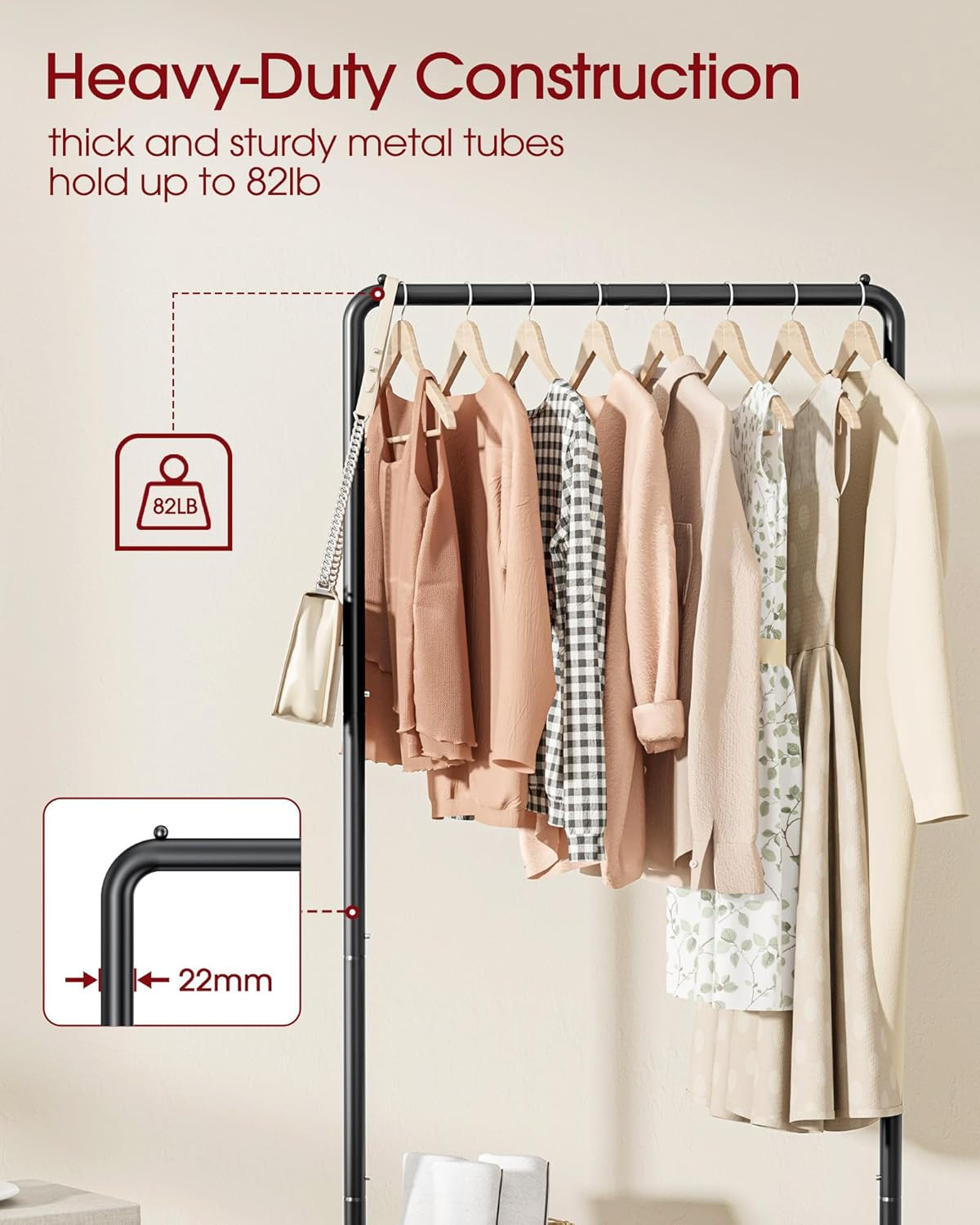 Clothes Rack – Clothing Rack with Storage Mesh Shelf & Casters, Heavy-Duty Metal