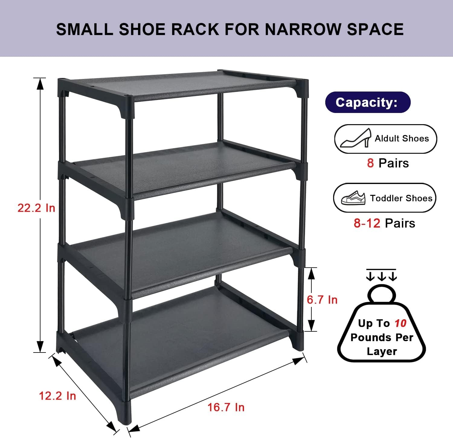 4 Tiers Small Shoe Rack,Narrow Stackable Shelf Organizer,Sturdy 4-tier