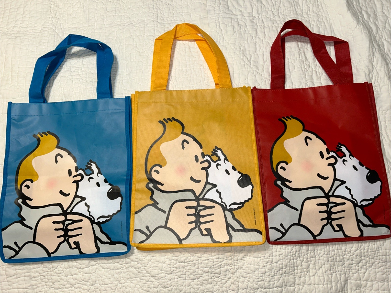 Lot 3 Tintin & Snowy Reusable Bag Red Blue Yellow (26 X 33.5 X 12 cm) NEW 10×13”