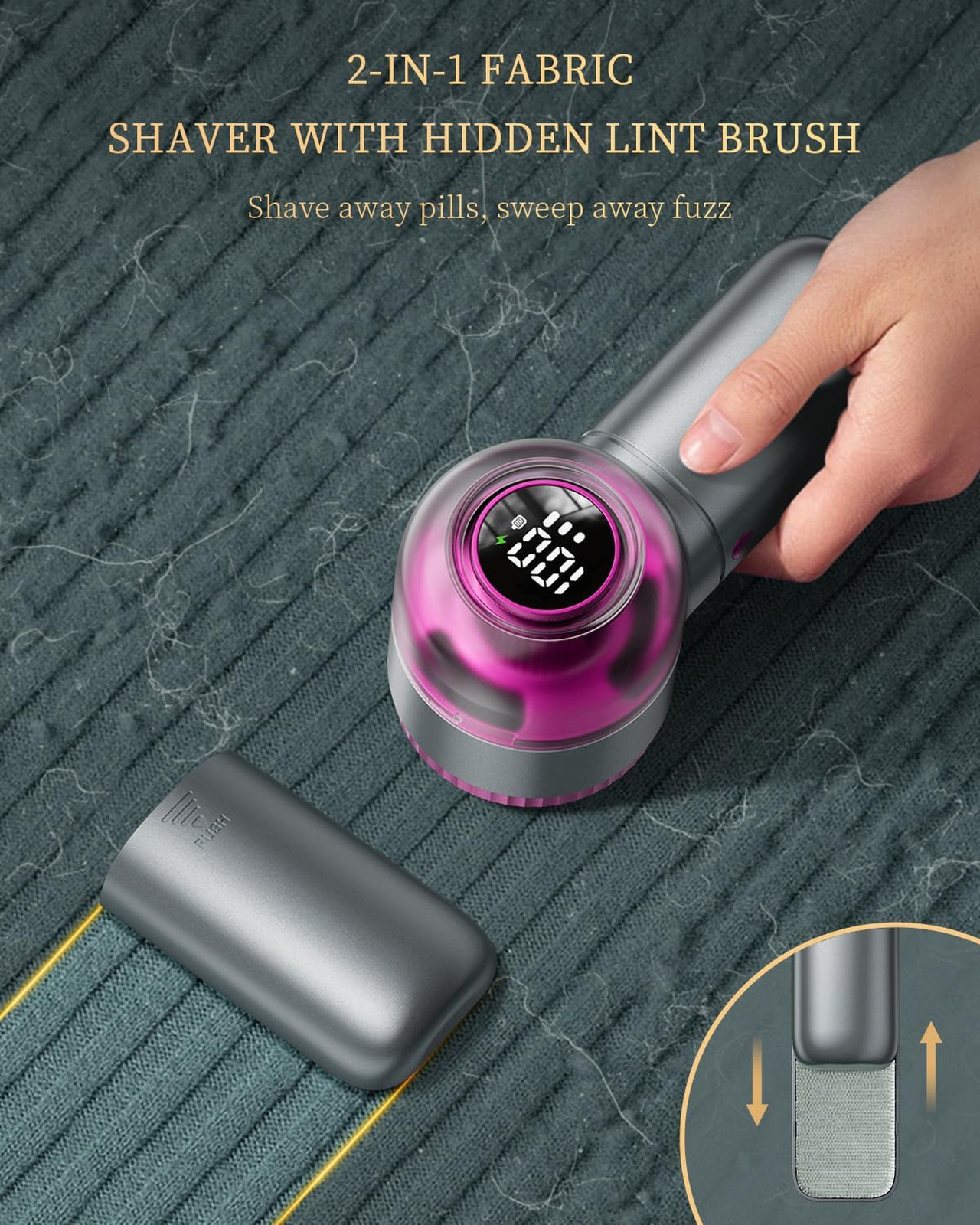 Fabric Shaver with Lint Brush Large Digital Display 3 Speeds Electric Sweater