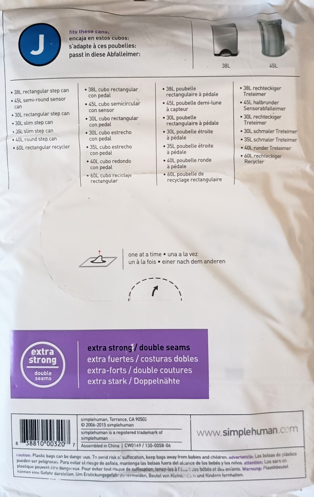 6 Pack SimpleHuman Custom Fit Liners Code J 30-45L 8-12 Gal. US 120 Trash Bags