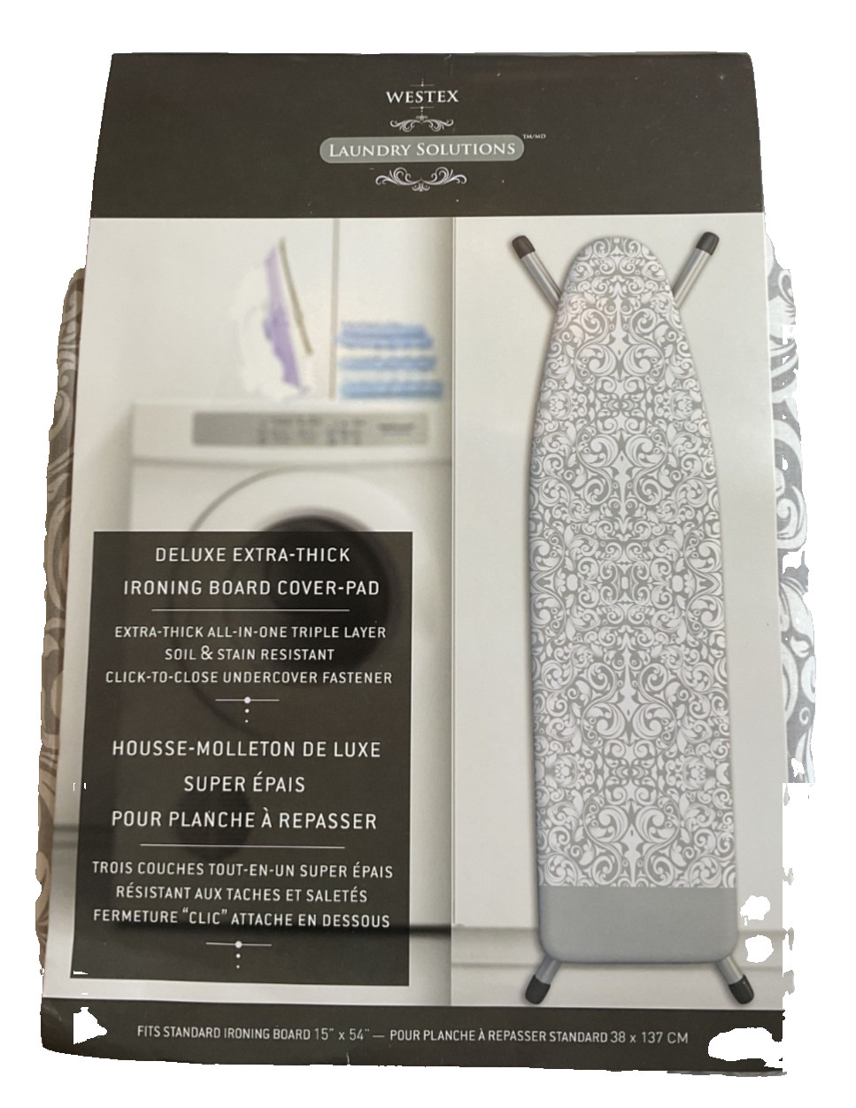 WESTEX DELUXE EXTRA THICK IRONING BOARD COVER PAD WHITE GRAY MEDALLION NIP