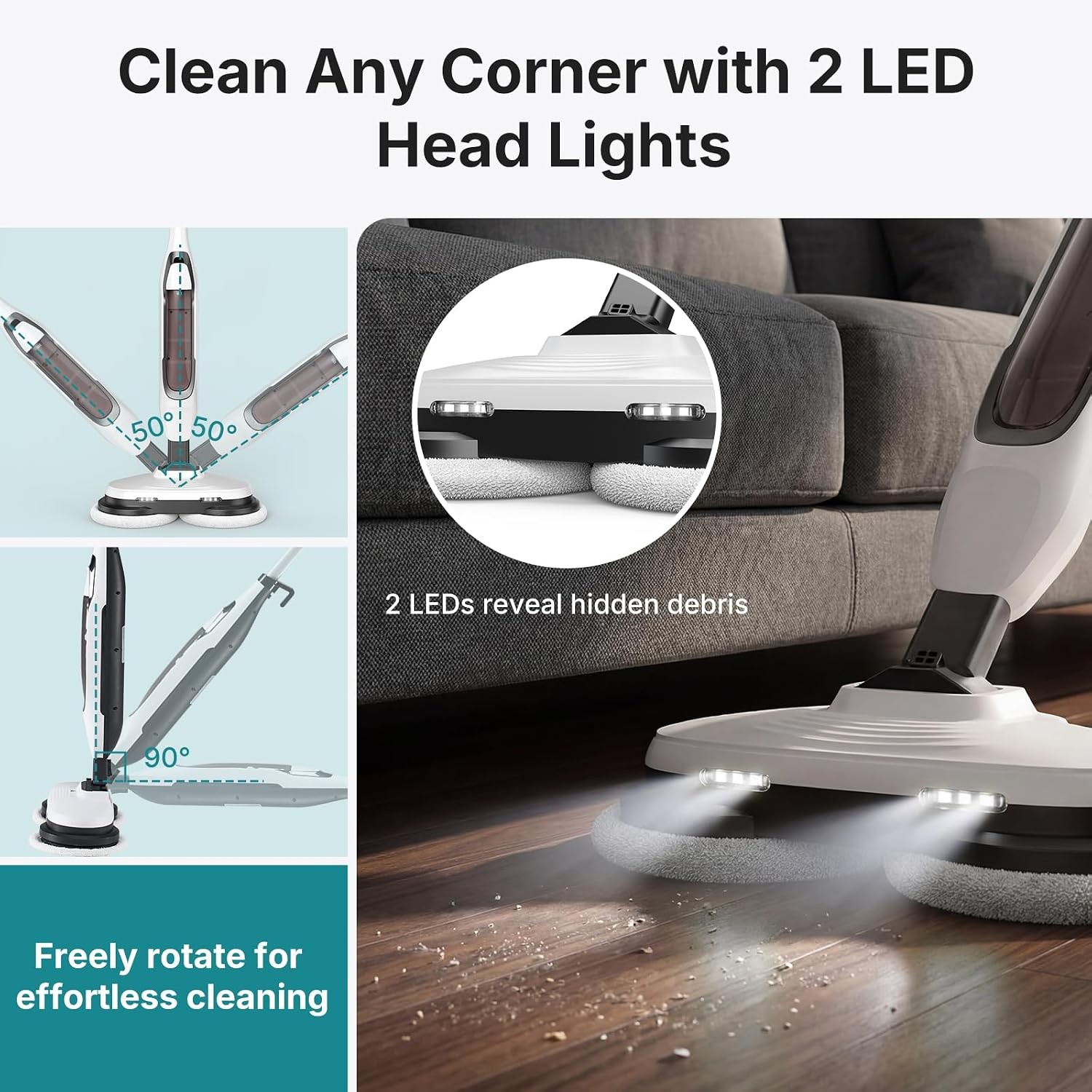 OLIXIS Electric Steam Mop Floor Cleaner w/Rotating Pad&2 LED Light&4 Clean Mode
