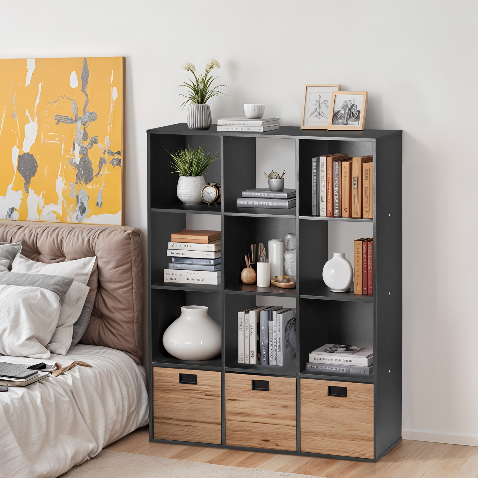 12 Cube Storage Organizer Wooden Bookshelf Display W/Removable Back Panels Black