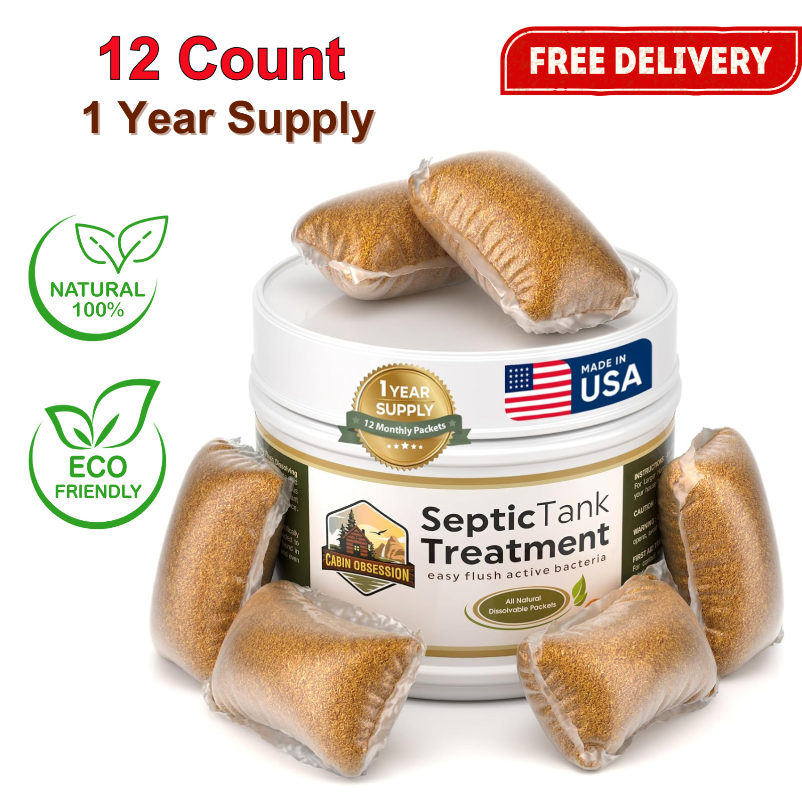 Septic Tank Treatment,1 Year Supply of Dissolvable Easy Flush Live Bacteria,12Ct