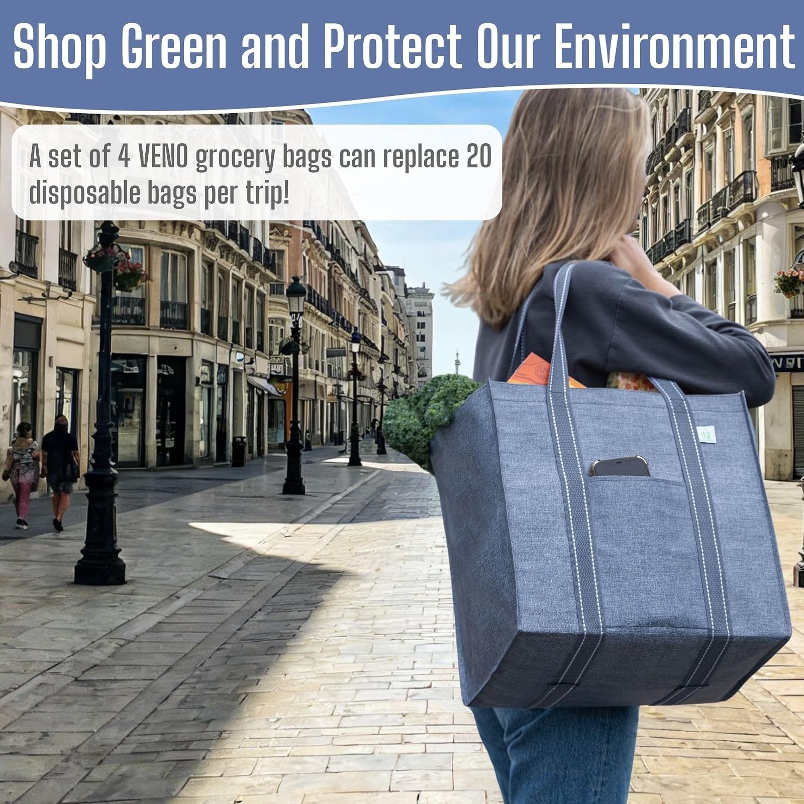 VENO 4 Pack Large Reusable Grocery Bags with Hard Bottom – Gray