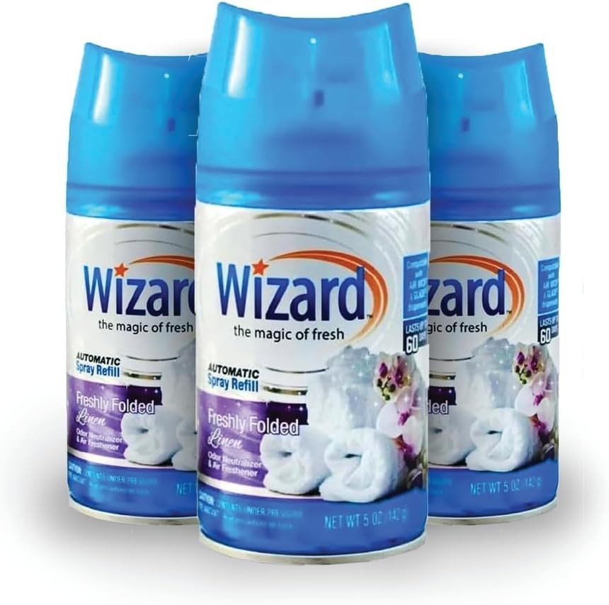 3 Wizard Automatic Spray Refills 5oz Freshly Folded Linen Air Freshener Refill