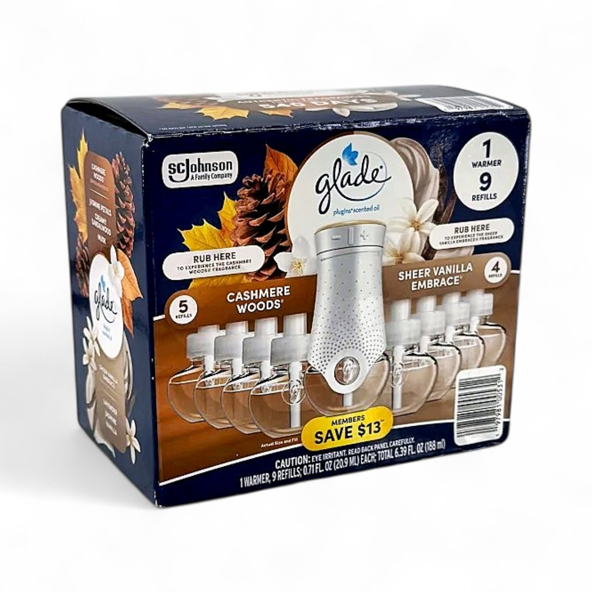 Glade PlugIns Scented Oil Cashmere Woods + Vanilla Embrace, 1 Warmer + 9 Refills