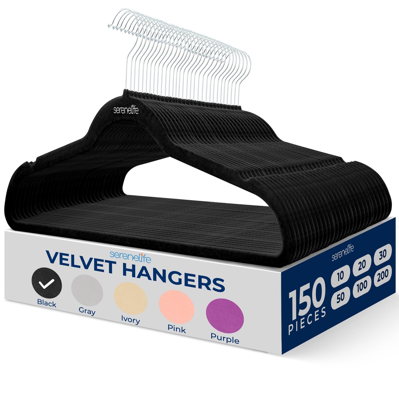 SereneLife SLHVEL1150 Non-Slip Velvet Hangers 150 Pieces Black 360 Swivel Hook