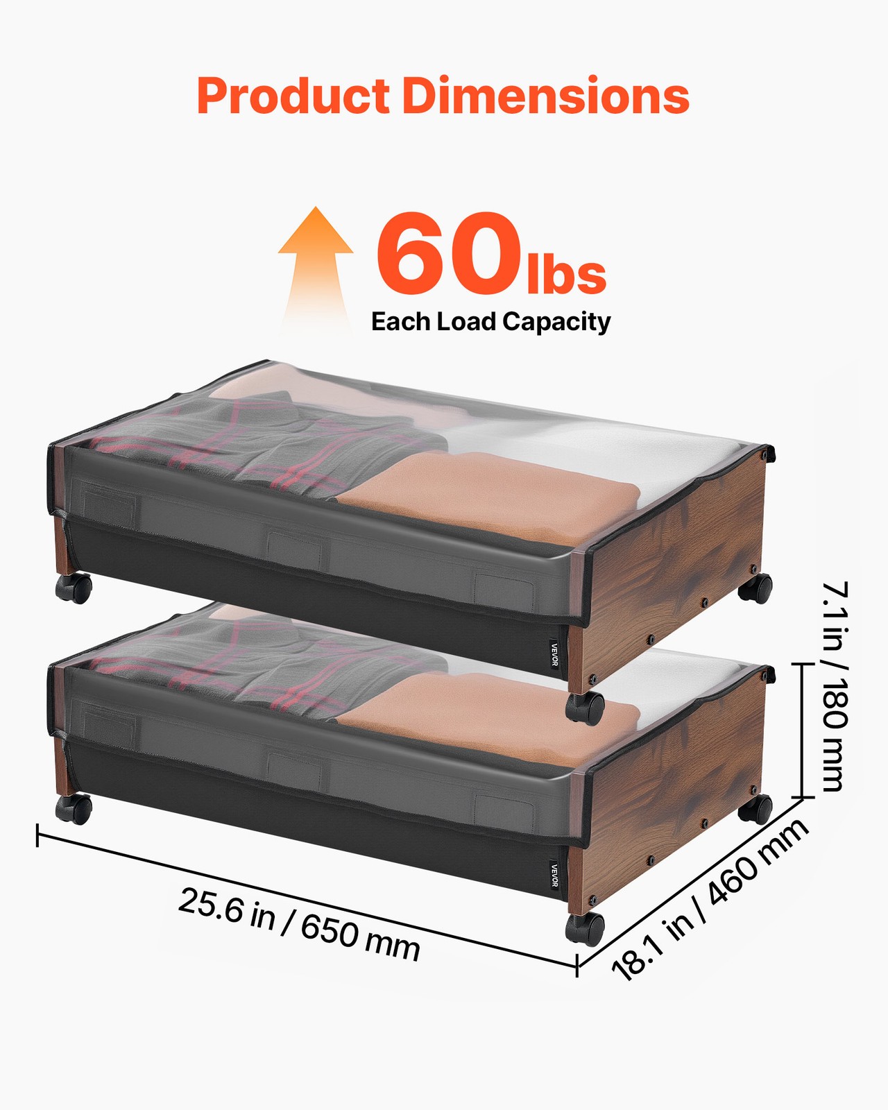 VEVOR Under Bed Storage with Wheels 25.6×18.1×7.1 Inch Rolling Storage Bags