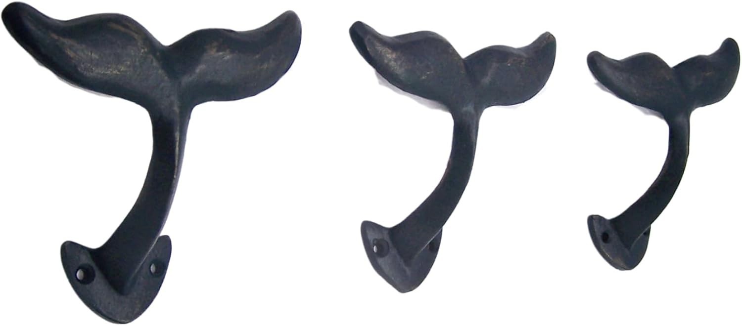 Navy Blue Whale Tail Wall Hooks Cast Iron Beach Decor Set 3 Nautical 4.5″