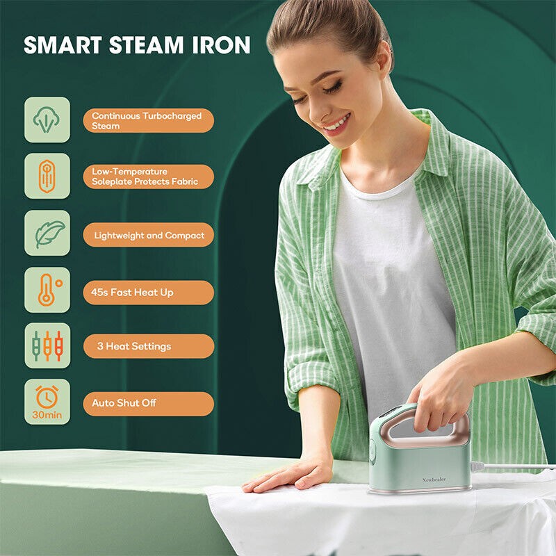 Mini Steam Iron for Home Flat Ironing and Hanging Ironing Mint Green 1200W 110V