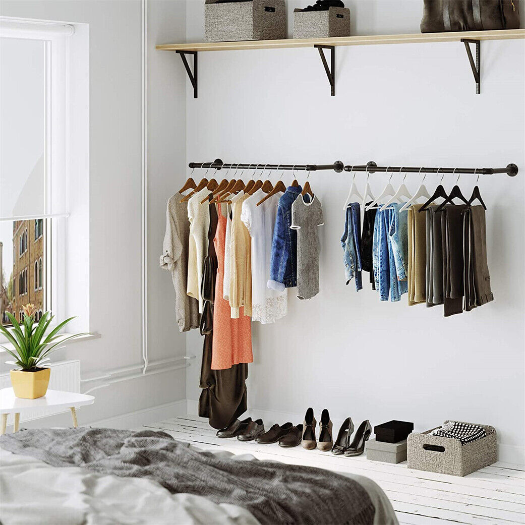 2X Wall Mounted Clothes Rack Industrial Pipe Clothes Hanging Bar Space Saving
