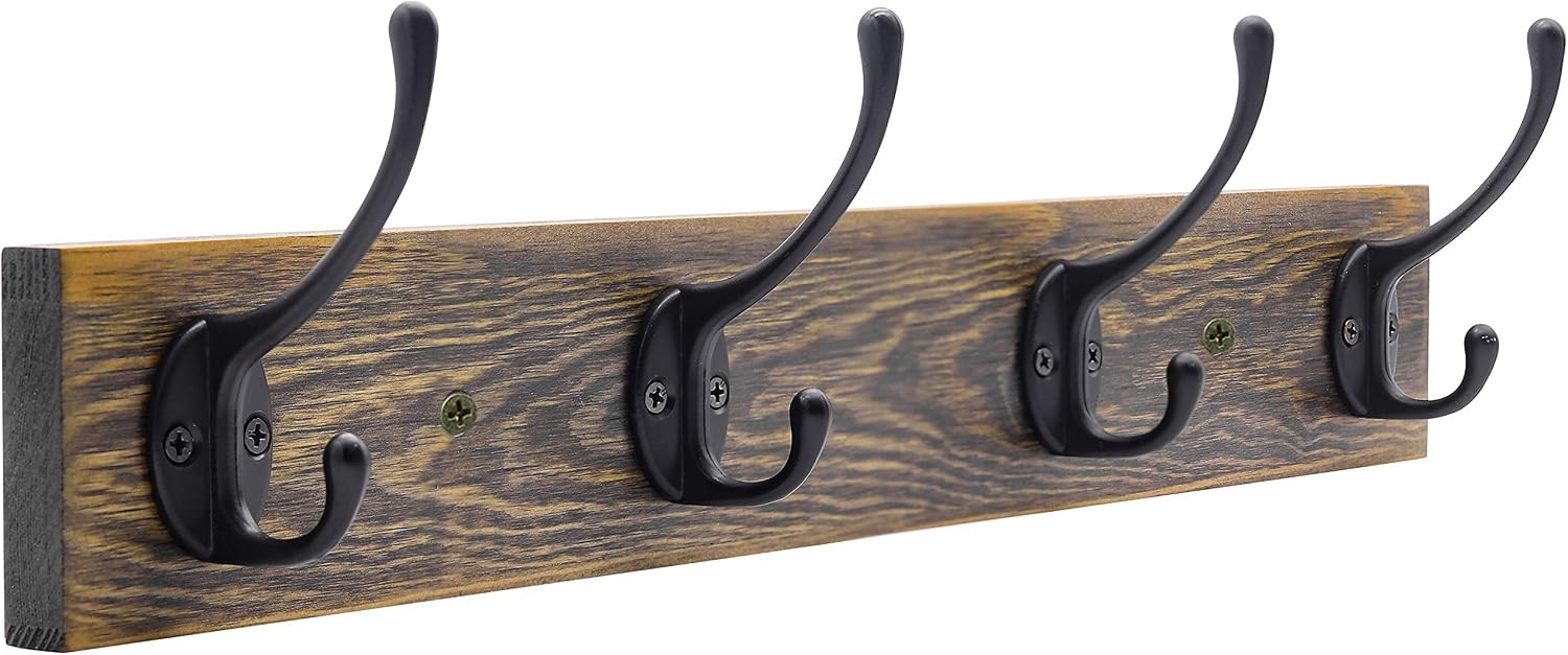Wall Mounted Coat Rack, Entryway Hanging , Metal Wood Rack with 4 Black Literary